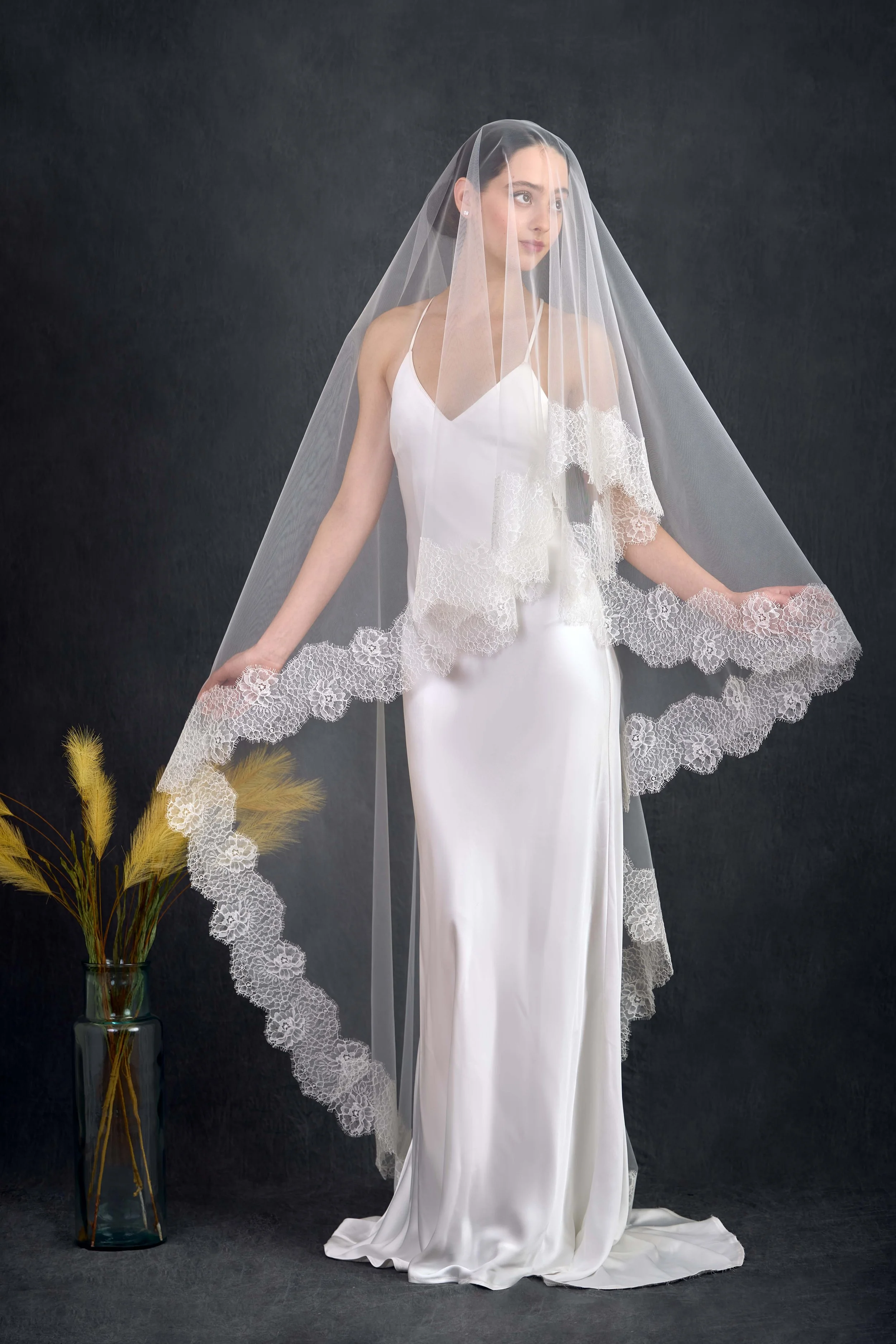 White Floor Length Mantilla Lace-trimmed Bridal Veil 98
